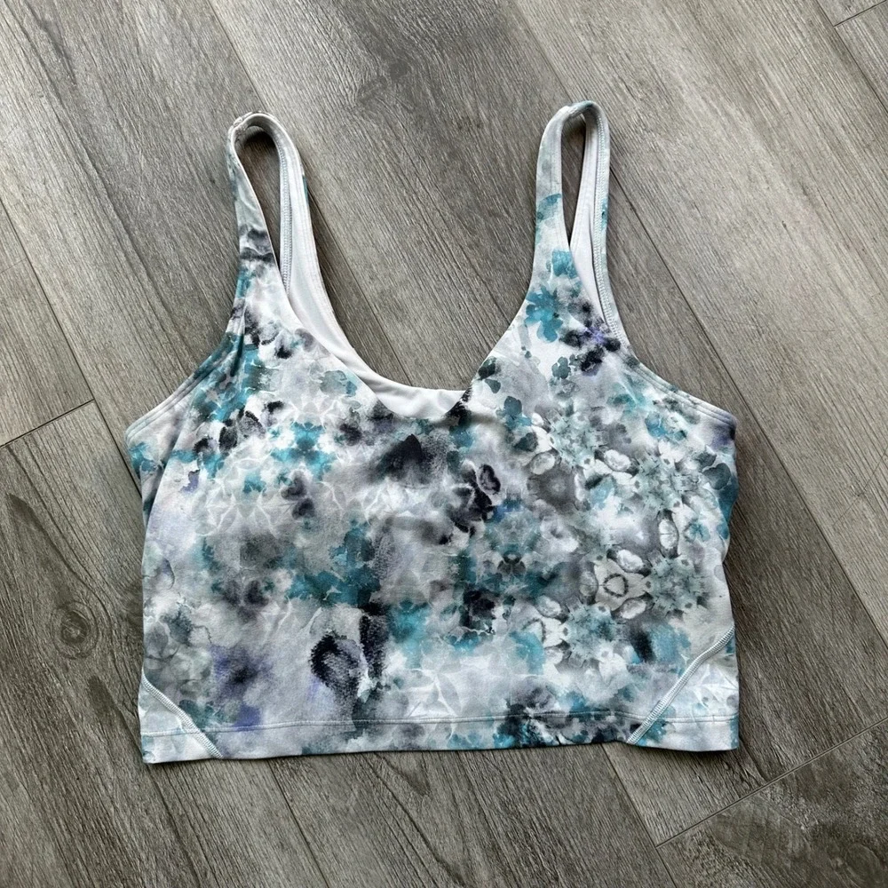 Lululemon Sports Bra Size 10 Floral Watercolor Print Teal Blue Racerback